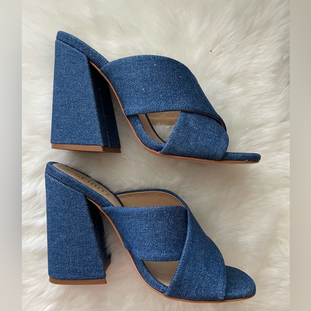 New! SCHUTZ Blue Denim Block Heel Mules - Picture 4 of 6